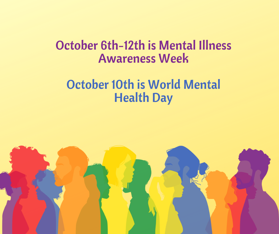 Text is October 6-12 is mental illness week, October 10th is world mental health day. Pale yellow background and bottom of image has silhouettes of people in profile in purple, red, orange, green, and yellow 