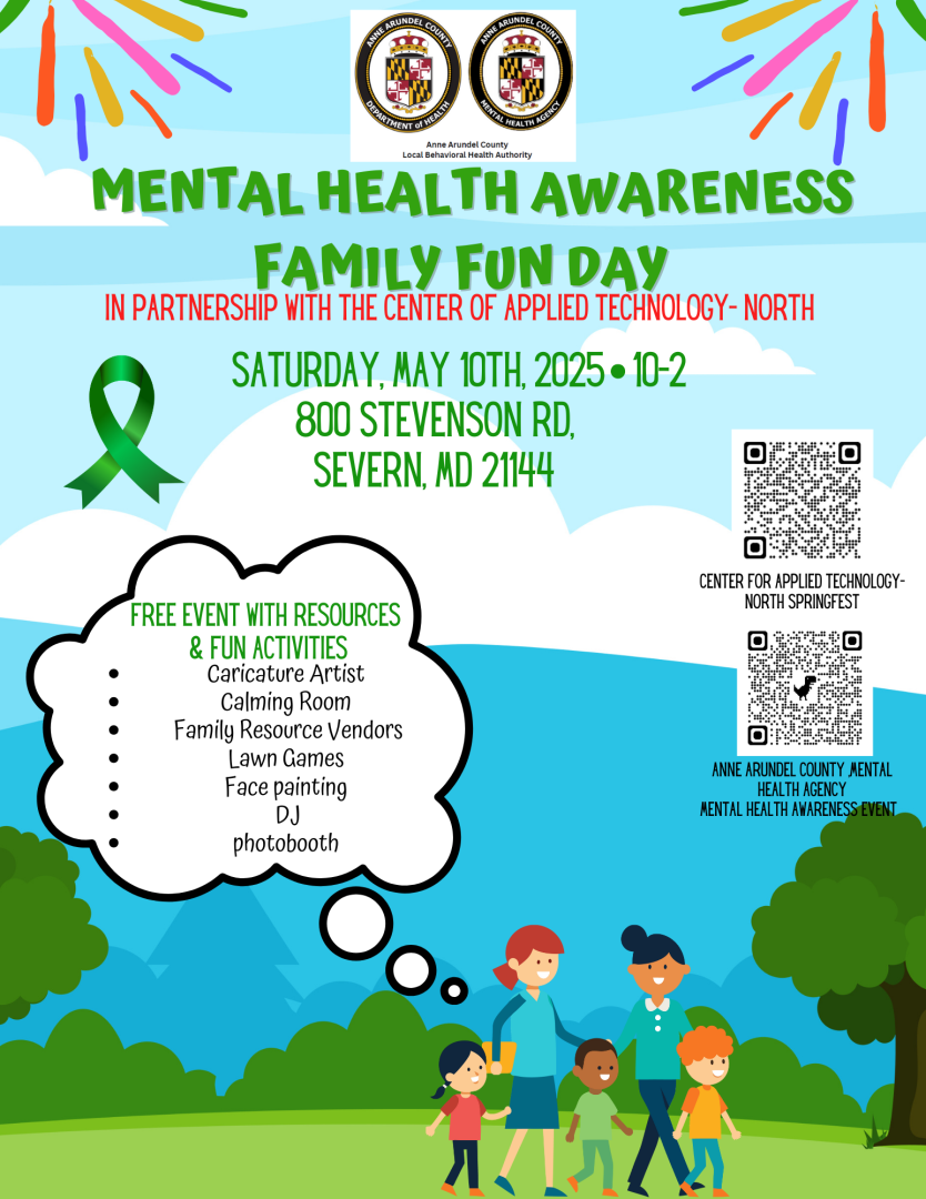 Flyer for May 10th Mental Health Awareness Fun Day, family on grass with blue sky