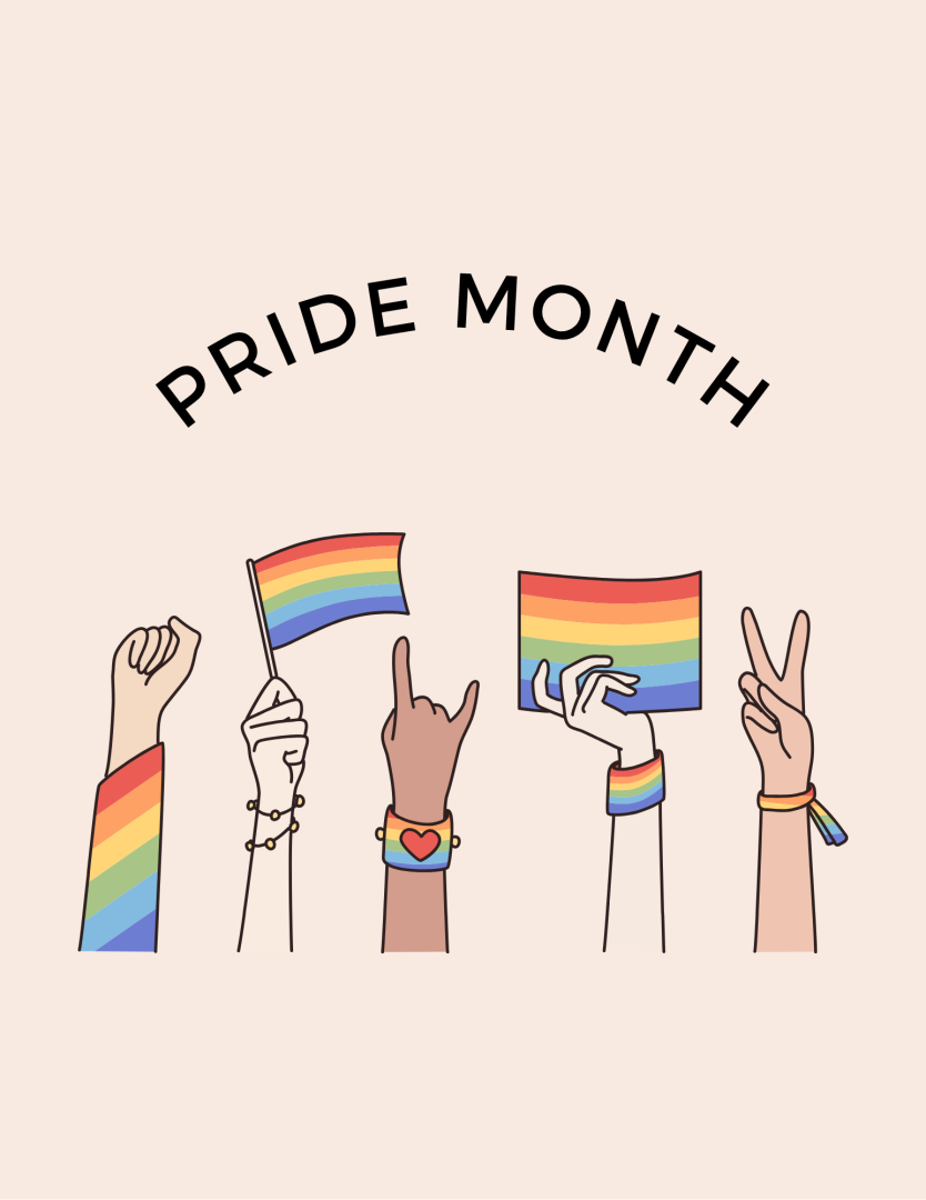 Pride Month Image of five hands holding rainbow flags