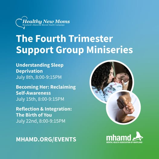 Image for Healthy New Moms Support Group Miniseries with graphic of mother and baby and adult and baby hands