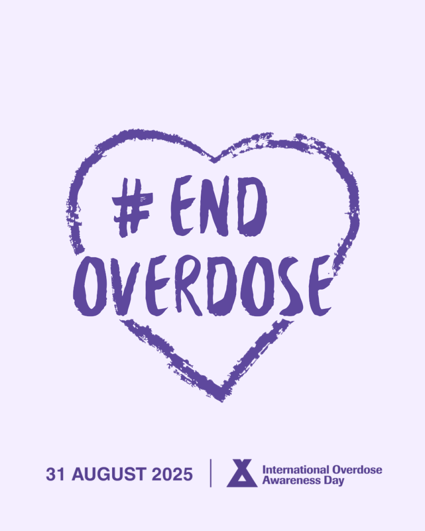 Dark Purple Heart with text #End Overdose 31 August 2025, International Overdose Awareness day