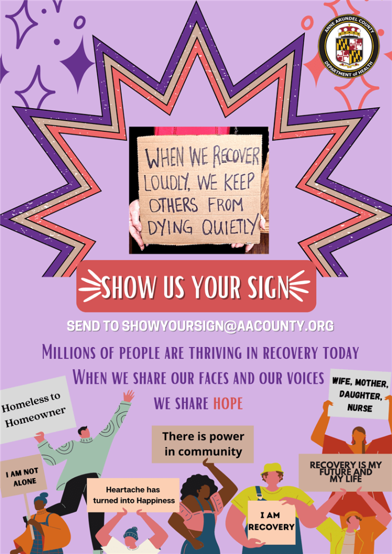 Group of cartoon people holding their recovery signs for show us your sign campaign-When we recover loudly we keep others from dying quietly