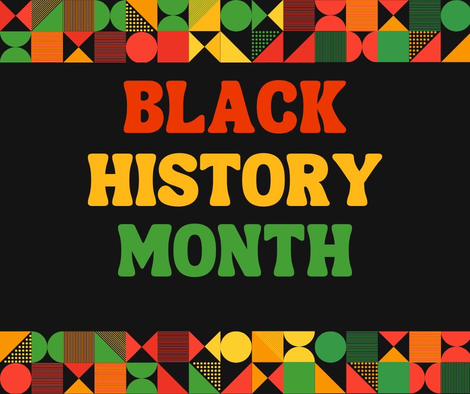 Text "Black History Month" with green, red orange and yellow abstract pattern border