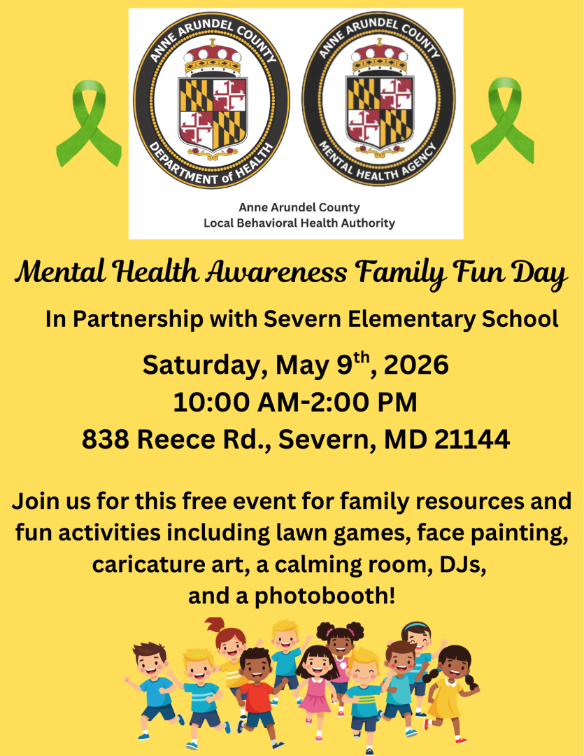 Details about Mental Health Awareness Family Fun Day on a yellow background with a picture of children running 