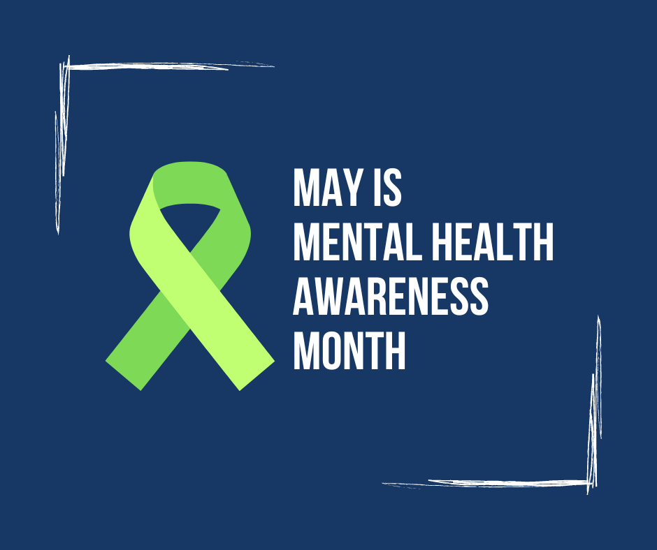 May is Mental Health Awareness Month with a lime green ribbon and a ligtly sketched border