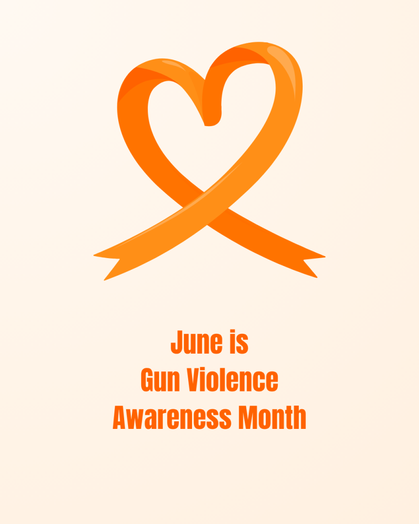 Orange Ribbon tied in shape of heart and text June is Gun Violence Awareness Month
