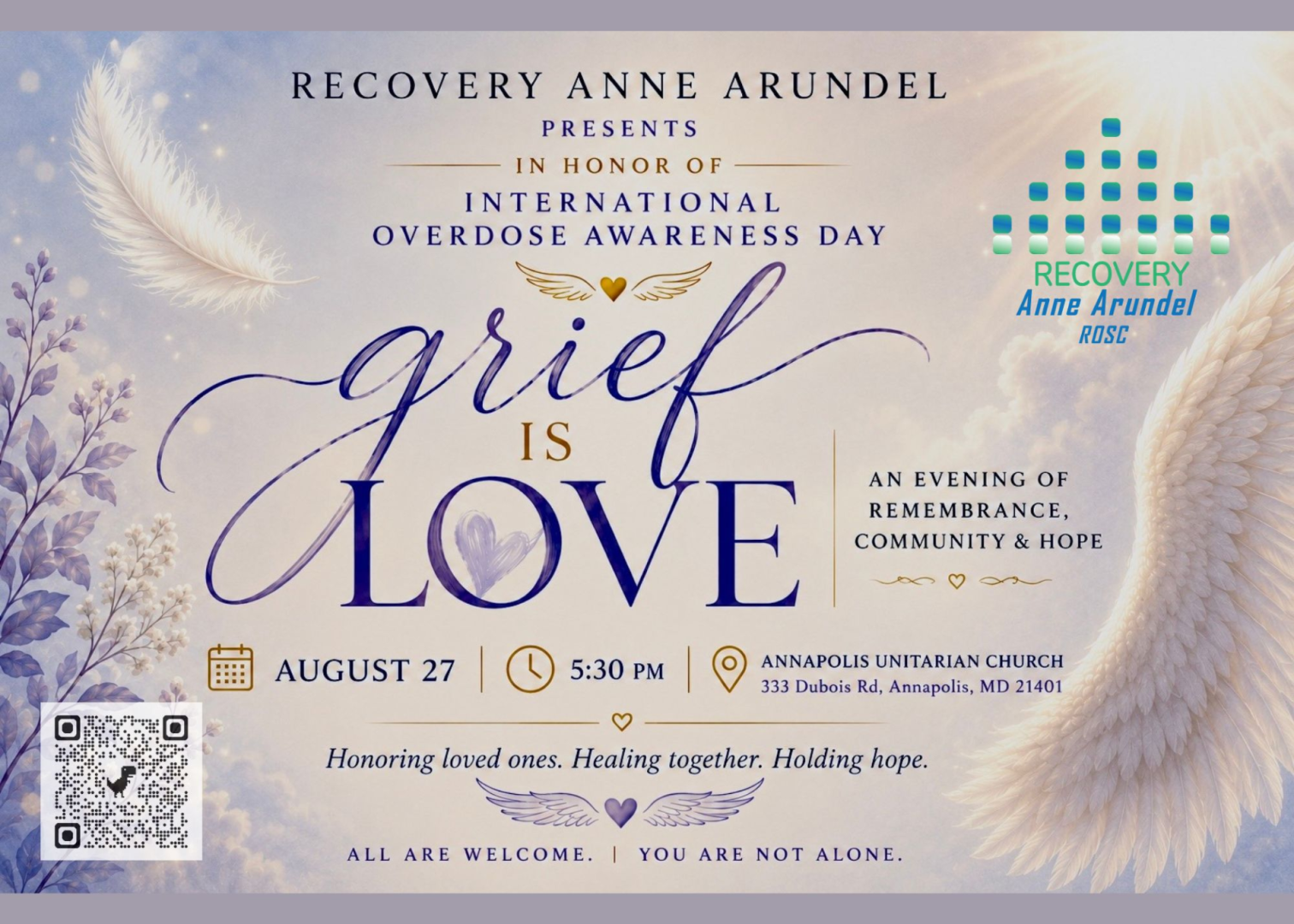 Graphic for the August 27 International Overdose Awareness Day event in Annapolis. Clouds and sunlight with a floating feather, an angel wing, and purple floral branches 