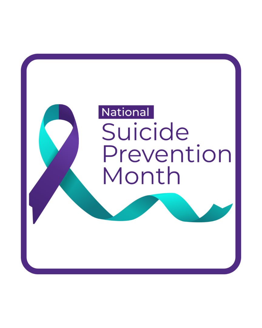 National Suicide Prevention Month with purple and teal ribbon and purple border