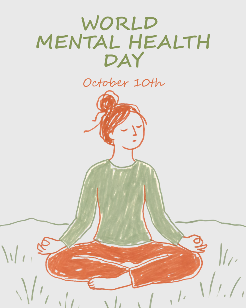 World Mental health Day October 10th. Hand-drawn picture of women seated cross legged in a yoga pose.